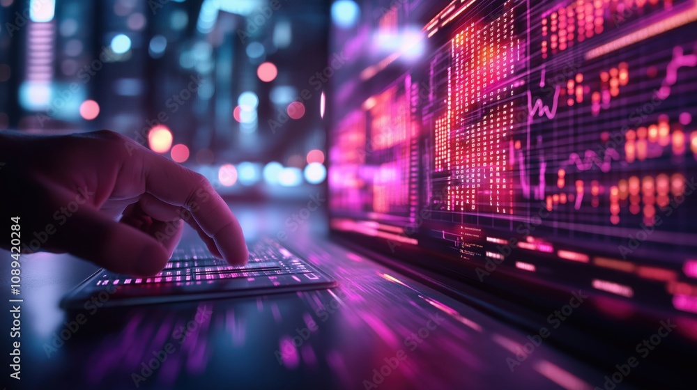 Poster a hand interacts with a futuristic keyboard as vibrant data visualizations illuminate a digital envi