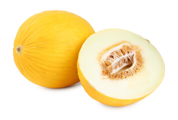 Whole and cut ripe melons isolated on white