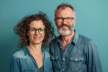 Portrait of a content caucasian couple in their 40s sporting a versatile denim shirt over soft teal background