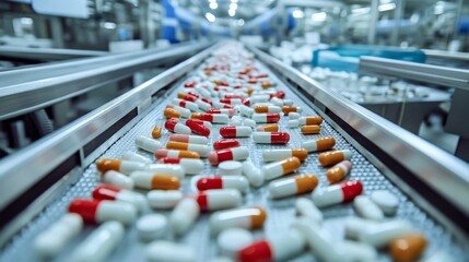 Fototapeta premium Close-up View of Pharmaceutical Production Line with Colorful Capsules Moving on Conveyors in Modern Manufacturing Facility