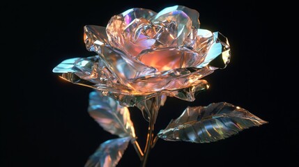 Chrome liquid metal rose flower. 3D render, modern design. Isolated holographic futuristic floral icon. Y2K, brutalism retro futurism bloom concept.