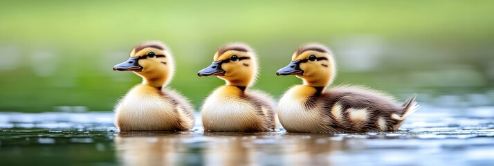 Three adorable ducklings swimming together in a serene pond.