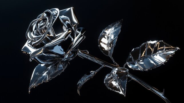 Chrome liquid metal rose flower. 3D render, modern design. Isolated holographic futuristic floral icon. Y2K, brutalism retro futurism bloom concept.