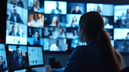 Person participating in a virtual meeting, surrounded by multiple screens displaying video calls.