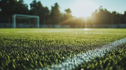 Lush Green Grass Soccer Field with Glowing Sunlight and Blurred Background