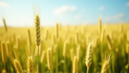 Fototapeta premium Golden wheat field under blue sky, one ear in focus, agriculture, harvest season, serene nature. Generative, AI,
