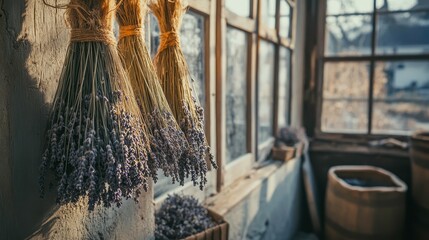 Dried lavender bunches hanging by a sunlit window in a rustic farm setting, showcasing natural beauty and the serene ambiance of countryside life