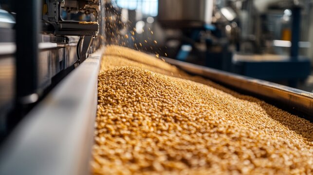 Industrial processing of grains in a modern facility, showcasing a close-up of flowing golden corn kernels on a conveyor belt in a vibrant agricultural setting.