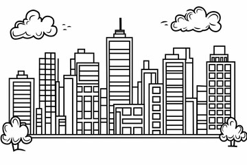 Obraz premium Black and White City Skyline Illustration Featuring Tall Buildings, Trees, and Clouds Perfect for Urban Design and Architecture Projects