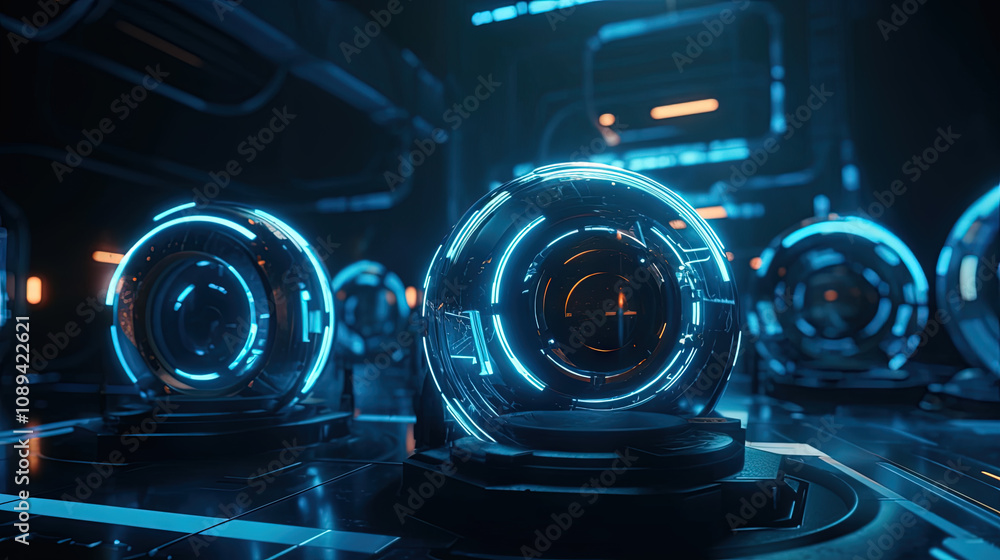 Poster Technology abstract background with hud styled round interface elements in neon tech light.