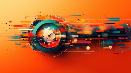 Obraz premium Abstract speedometer design with vibrant color streaks suggesting high speed and motion.