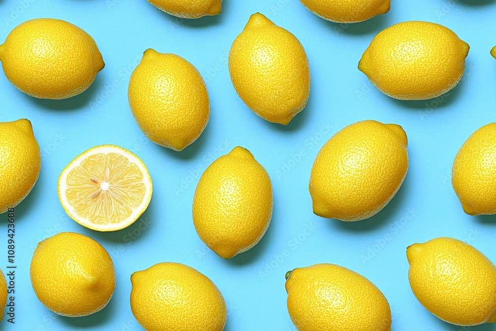 Poster seamless of seamless regular pattern with fresh lemons on a blue background