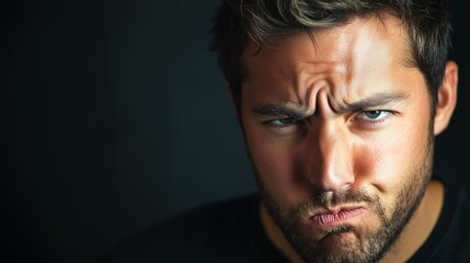 Fototapeta premium Close-up portrait of a young man with a puzzled and skeptical expression against a dark background