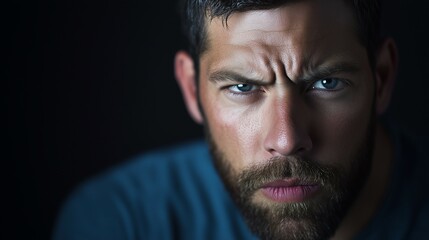 Obraz premium Close-up portrait of a serious bearded man with piercing blue eyes, isolated on a dark background