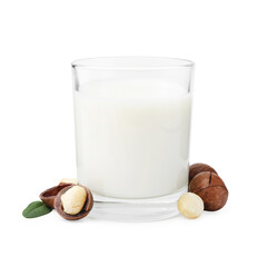 Glass of macadamia milk and nuts isolated on white