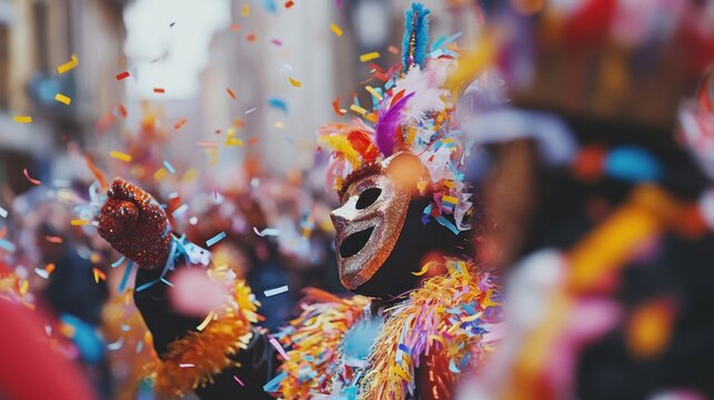 During the Binche Carnival, people celebrate in colorful costumes and masks with vibrant confetti