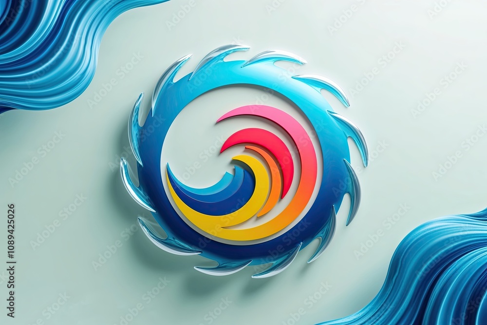 Poster vibrant modern emblem surrounded by dynamic wave patterns on a pristine backdrop
