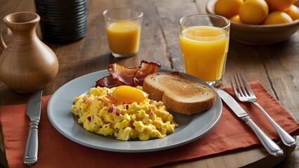 Rustic Breakfast with Scrambled Eggs and Bacon