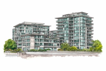 Modern Architectural Design of Urban Apartment Complex with Glass Facades Surrounded by Lush Green Landscaping and Contemporary Elements