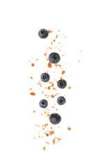 Fresh blueberries and pieces of crushed muffin isolated on white