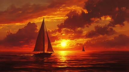 Fototapeta premium A serene sunset over calm waters with sailboats gliding across the horizon.
