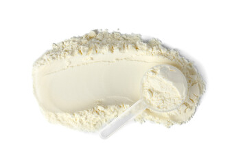 Protein powder and scoop isolated on white, top view