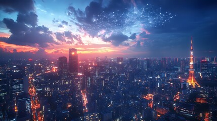 Fototapeta premium A wide shot of Tokyo at night city lights glowing