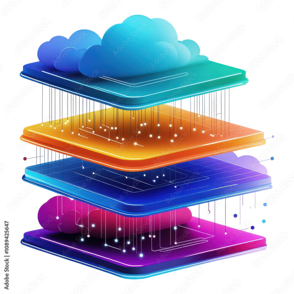 Wall mural Detailed 3D Visualization of Cloud Layers Depicting Computing Processes in a Multi-Layered Architecture for Tech and Digital Solutions