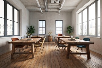Fototapeta premium Bright, Airy Office Setup with Rustic Wooden Tables and Full-Height Windows 3D Render