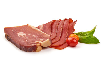 Delicious Serrano ham, cured jamon iberico, isolated on white background.