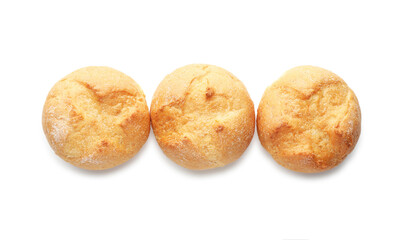 Homemade tasty buns isolated on white, top view