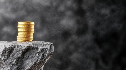 A Tower of Gold Coins on a Rough Stone Surface with a Dark Smoky Background, Symbolizing Wealth, Prosperity, and Financial Success in Investment or Business Concepts
