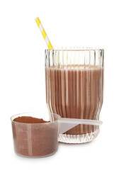 Delicious protein shake in glass and scoop with powder isolated on white