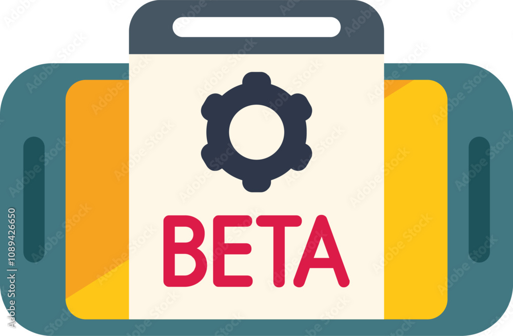 Poster mobile phone with beta version software and cogwheel, symbolizing testing and development process