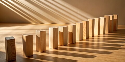 Obraz premium Wooden Blocks Aligned in Ascending Order with Sunlight Casting Long Shadows on a Wooden Surface