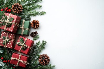 Christmas gifts, green and red boxes with twine, pine cones, and tree branches on white background. Flat lay composition for festive product presentation.