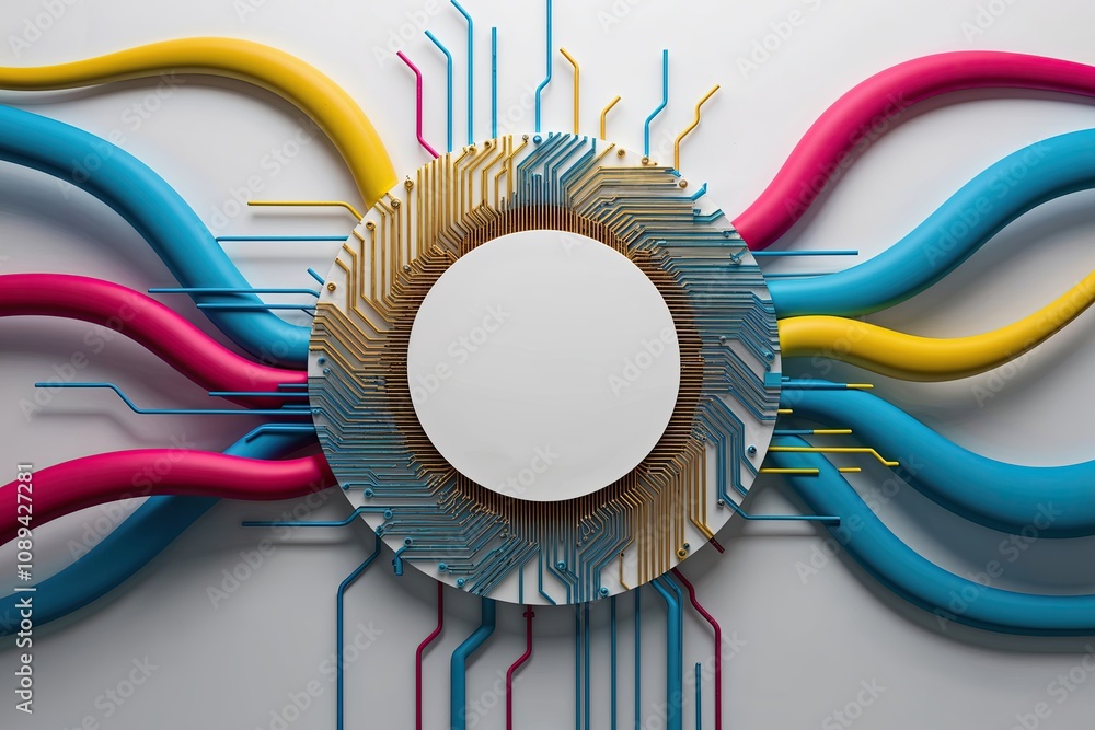Poster bold icon with intricate circuitry on a clean white background enhanced by colorful flowing graphics