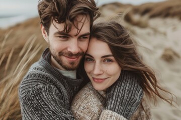 Portrait of a blissful caucasian couple in their 20s dressed in a warm wool sweater in sandy beach background