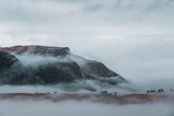 Morning mist over Seiser Alm in the Dolomites, Italy.