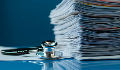 A stethoscope rests on medical documents beside a large stack of patient files on a blue surface.