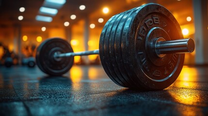 Loaded barbell resting on gym floor.