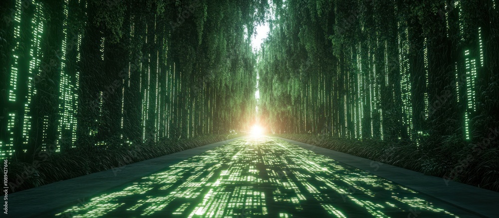 Aufkleber a digital pathway illuminated by green binary code, suggesting a futuristic or virtual environment.
