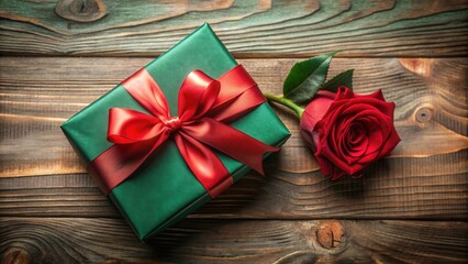 A green gift box with a red ribbon bow and a single red rose on a wooden background