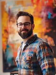 Fototapeta premium Man with beard and glasses standing in front of colorful abstract artwork, smiling and looking confident.