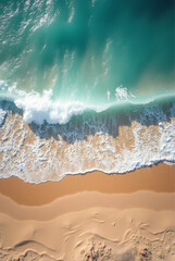 Overhead photo of crashing waves on the sand, beach, Aerial view, Generative Ai
