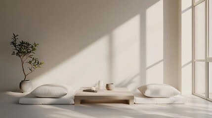 Minimalist Living Room with Soft Textures and Natural Sunlight