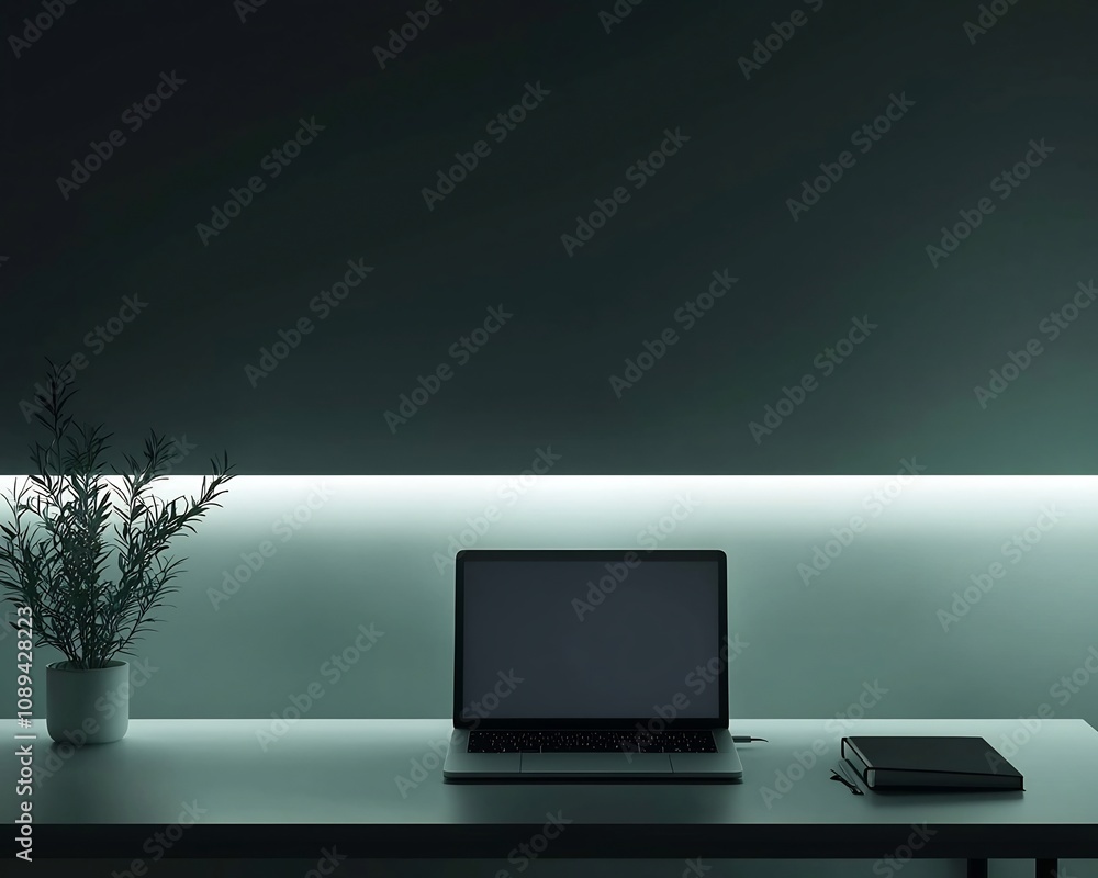 Poster minimalist desk setup with soft glowing light for focused work