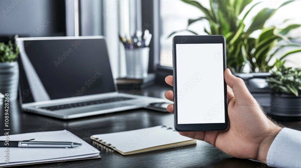 Aufkleber mobile device interaction modern office workspace smartphone usage indoor environment close-up view 