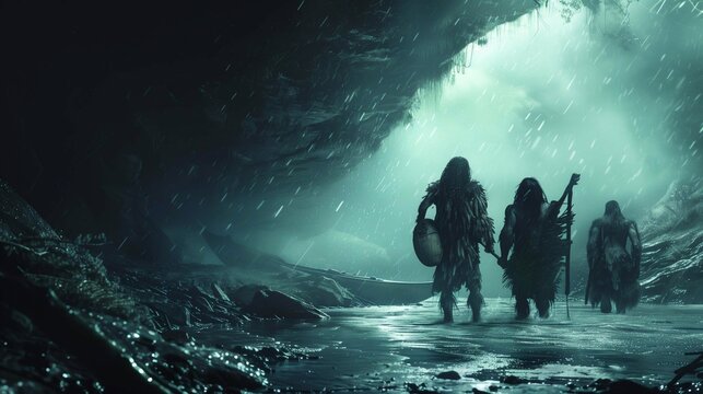 Cave dwellers journey through a dark, misty cavern in prehistoric times