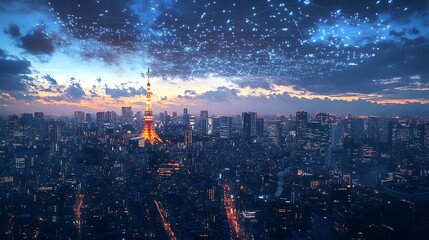 A wide shot of Tokyo at night city lights glowing